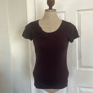 Ann Taylor top short sleeve purple flowers, brown neck, rayon women’s size XS